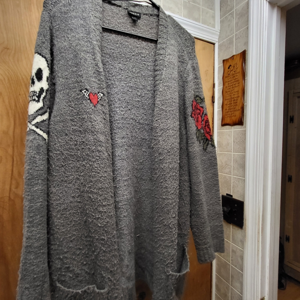 Torrid Gray Cardigan with Skull and Rose Accents
